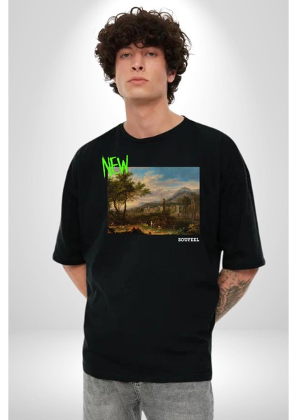 Yeni Antik Çağ Zamanları Kadın Erkek Ön Baskılı Siyah Pamuklu Tişört Penye Klasik