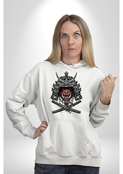Japon Samuray Katana Savaşçı Kadın Erkek Baskılı Üç Iplik Beyaz Kapüşonlu Hodie Sweatshirt