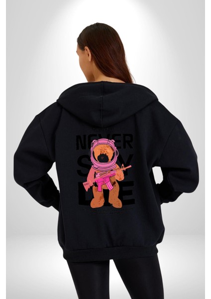 Asla Yalana Söyleme Havalı Ayıcık Kadın Erkek Baskılı Fermuarlı Kapüşonlu Hırka Sweatshirt