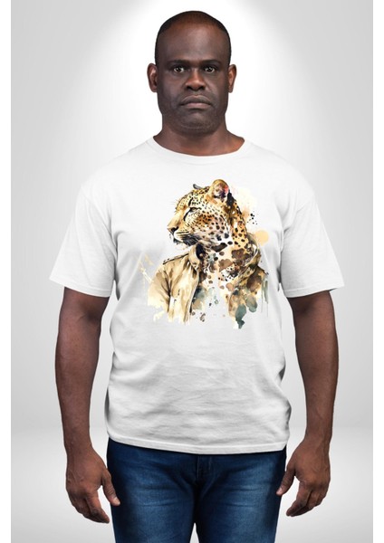 Deri Ceketli Cool Leopar Kadın Erkek Ön Baskılı Beyaz Pamuklu Tişört Penye Klasik fiyatları