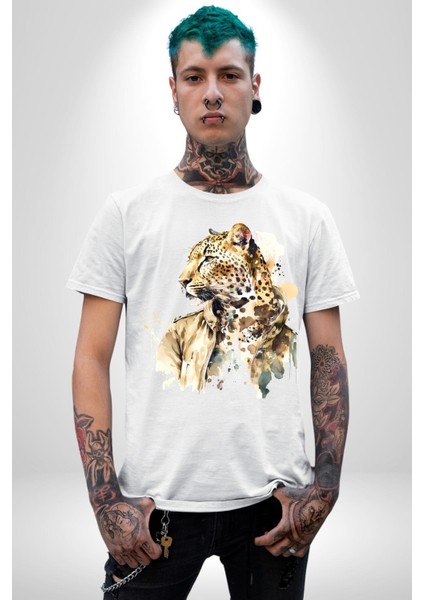 Deri Ceketli Cool Leopar Kadın Erkek Ön Baskılı Beyaz Pamuklu Tişört Penye Klasik modelleri