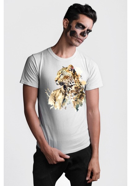 Deri Ceketli Cool Leopar Kadın Erkek Ön Baskılı Beyaz Pamuklu Tişört Penye Klasik fırsatları