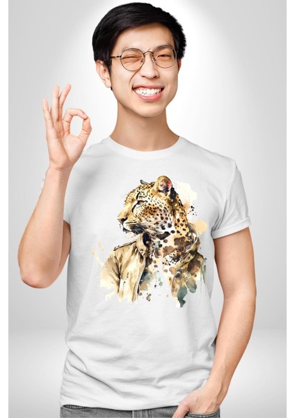 Deri Ceketli Cool Leopar Kadın Erkek Ön Baskılı Beyaz Pamuklu Tişört Penye Klasik indirimleri