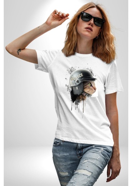 Kedi Çevik Koruma Polis Kadın Erkek Ön Baskılı Beyaz Pamuklu Tişört Penye Klasik
