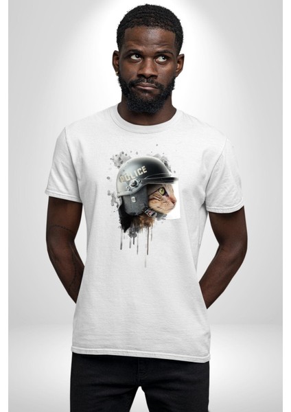 Kedi Çevik Koruma Polis Kadın Erkek Ön Baskılı Beyaz Pamuklu Tişört Penye Klasik fiyatları