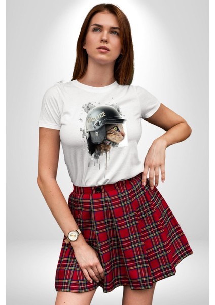 Kedi Çevik Koruma Polis Kadın Erkek Ön Baskılı Beyaz Pamuklu Tişört Penye Klasik modelleri