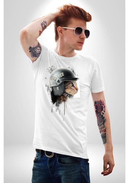 Kedi Çevik Koruma Polis Kadın Erkek Ön Baskılı Beyaz Pamuklu Tişört Penye Klasik fırsatları