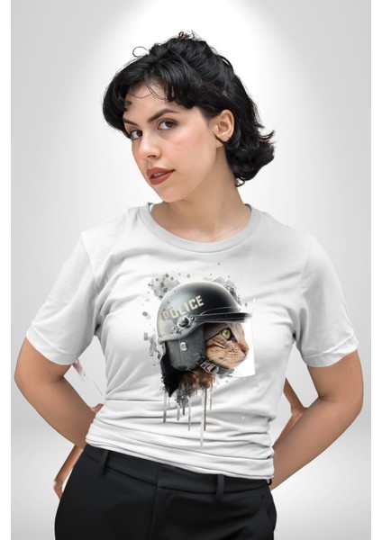 Kedi Çevik Koruma Polis Kadın Erkek Ön Baskılı Beyaz Pamuklu Tişört Penye Klasik indirimleri