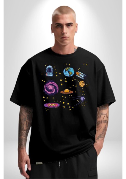 Uzay Evrensel Yıldızlar Gezegenler Kadın Erkek Ön Baskılı Siyah Pamuklu Tişört Penye Klasik