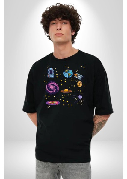 Uzay Evrensel Yıldızlar Gezegenler Kadın Erkek Ön Baskılı Siyah Pamuklu Tişört Penye Klasik modelleri