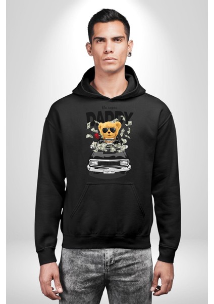 Para Babası Oyuncak Ayı Kadın Erkek Baskılı Üç Iplik Siyah Kapüşonlu Hodie Sweatshirt modelleri