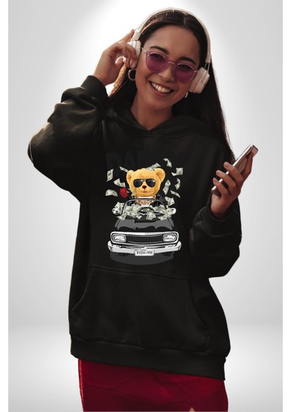 Para Babası Oyuncak Ayı Kadın Erkek Baskılı Üç Iplik Siyah Kapüşonlu Hodie Sweatshirt indirimleri