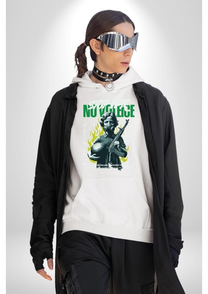 Savaşı Durdurun Şiddete Hayır Barış Kadın Erkek Baskılı Üç Iplik Beyaz Kapüşonlu Hodie Sweatshirt