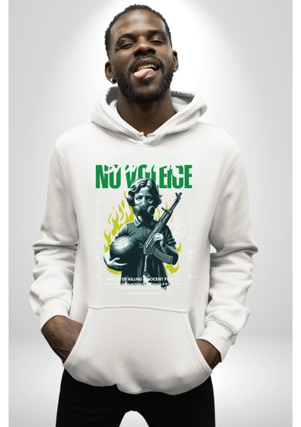 Savaşı Durdurun Şiddete Hayır Barış Kadın Erkek Baskılı Üç Iplik Beyaz Kapüşonlu Hodie Sweatshirt modelleri