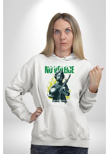 Savaşı Durdurun Şiddete Hayır Barış Kadın Erkek Baskılı Üç Iplik Beyaz Kapüşonlu Hodie Sweatshirt fırsatları