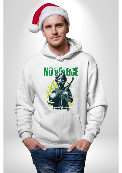 Savaşı Durdurun Şiddete Hayır Barış Kadın Erkek Baskılı Üç Iplik Beyaz Kapüşonlu Hodie Sweatshirt indirimleri