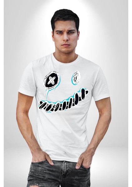 Korkunç Beyaz Hayalet Boncuk Gözlü Kadın Erkek Ön Baskılı Beyaz Pamuklu Tişört Penye Klasik
