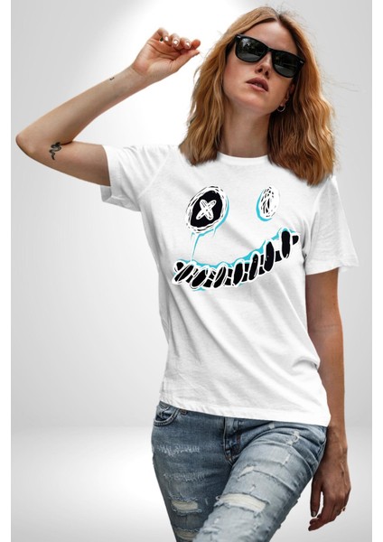 Korkunç Beyaz Hayalet Boncuk Gözlü Kadın Erkek Ön Baskılı Beyaz Pamuklu Tişört Penye Klasik modelleri