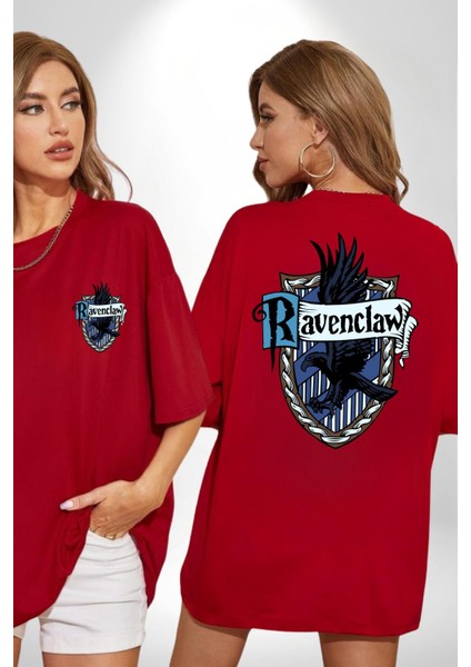 Ravenclaw Kartal Logo Kadın Erkek Ön Minimal Sırt Baskılı Kırmızı Pamuklu Tişört