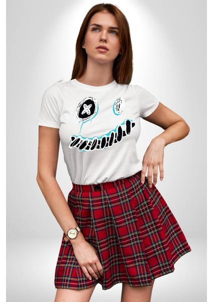 Korkunç Beyaz Hayalet Boncuk Gözlü Kadın Erkek Ön Baskılı Beyaz Pamuklu Tişört Penye Klasik indirimleri