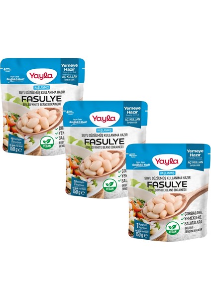 3\'lü Yayla Haşlanmış Suyu Süzülmüş Fasulye 150 gr