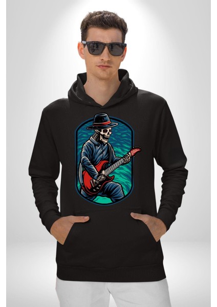 Gitarist Kurukafa Şapkalı Havalı Kadın Erkek Baskılı Üç Iplik Siyah Kapüşonlu Hodie Sweatshirt