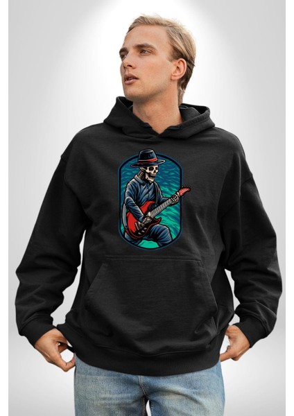 Gitarist Kurukafa Şapkalı Havalı Kadın Erkek Baskılı Üç Iplik Siyah Kapüşonlu Hodie Sweatshirt fırsatları