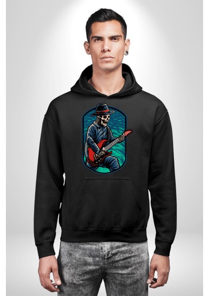 Gitarist Kurukafa Şapkalı Havalı Kadın Erkek Baskılı Üç Iplik Siyah Kapüşonlu Hodie Sweatshirt indirimleri
