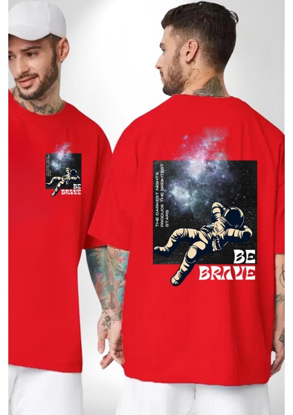 Astronot Cesur Kal Sokak Tarzı Kadın Erkek Ön Minimal Sırt Baskılı Kırmızı Pamuklu Tişört