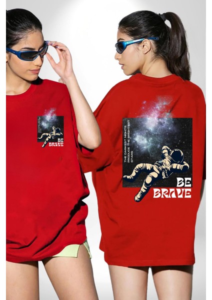 Astronot Cesur Kal Sokak Tarzı Kadın Erkek Ön Minimal Sırt Baskılı Kırmızı Pamuklu Tişört fiyatları