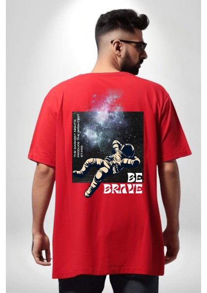 Astronot Cesur Kal Sokak Tarzı Kadın Erkek Ön Minimal Sırt Baskılı Kırmızı Pamuklu Tişört fırsatları