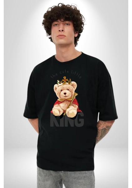 Kral Taçlı Oyuncak Ayı Kadın Erkek Ön Baskılı Siyah Pamuklu Tişört Penye Klasik modelleri