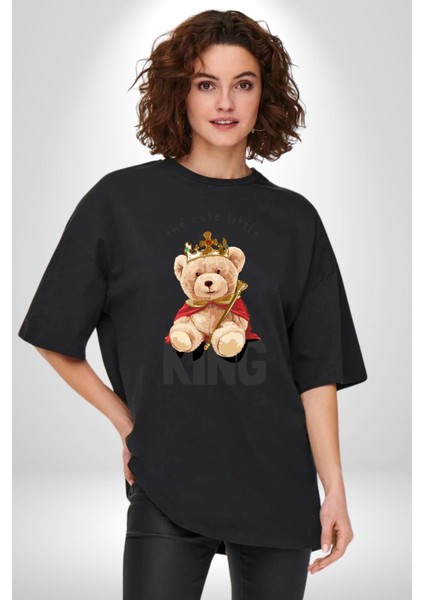 Kral Taçlı Oyuncak Ayı Kadın Erkek Ön Baskılı Siyah Pamuklu Tişört Penye Klasik fırsatları