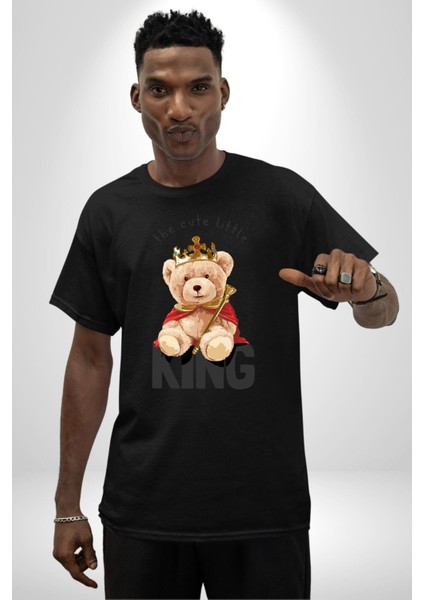 Kral Taçlı Oyuncak Ayı Kadın Erkek Ön Baskılı Siyah Pamuklu Tişört Penye Klasik indirimleri