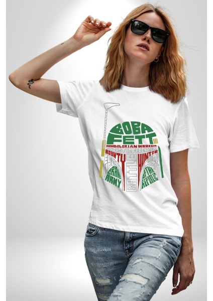 Star Wars Boba Fett Kadın Erkek Ön Baskılı Beyaz Pamuklu Tişört Penye Klasik