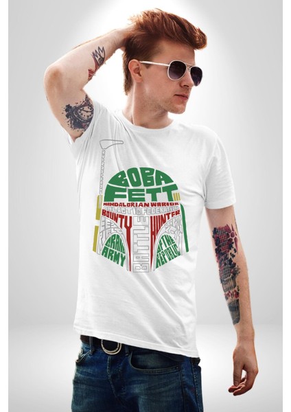 Star Wars Boba Fett Kadın Erkek Ön Baskılı Beyaz Pamuklu Tişört Penye Klasik