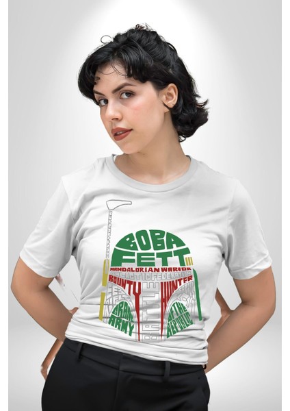 Star Wars Boba Fett Kadın Erkek Ön Baskılı Beyaz Pamuklu Tişört Penye Klasik