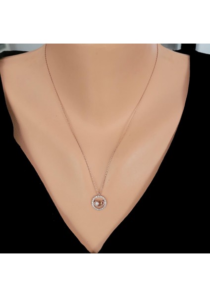 925 Ayar Gümüş Vav Harfli Kolye, Pembe - Beyaz Taş