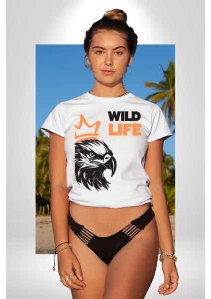 Vahşi Yaşam Saldırgan Kartal Kadın Erkek Ön Baskılı Beyaz Pamuklu Tişört Penye Klasik