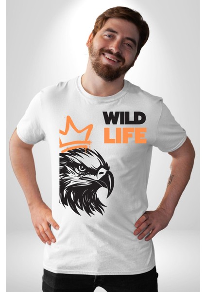 Vahşi Yaşam Saldırgan Kartal Kadın Erkek Ön Baskılı Beyaz Pamuklu Tişört Penye Klasik fiyatları