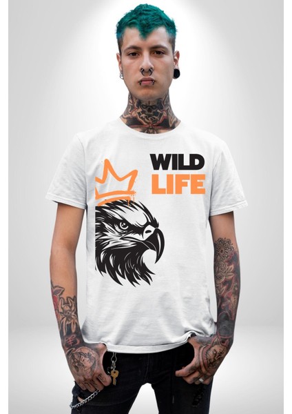 Vahşi Yaşam Saldırgan Kartal Kadın Erkek Ön Baskılı Beyaz Pamuklu Tişört Penye Klasik fırsatları