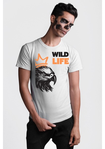 Vahşi Yaşam Saldırgan Kartal Kadın Erkek Ön Baskılı Beyaz Pamuklu Tişört Penye Klasik indirimleri