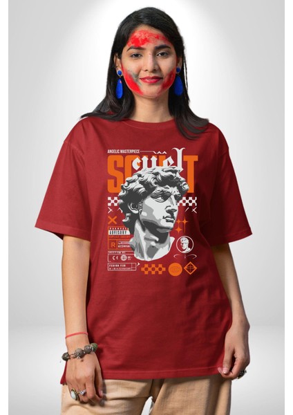 Meleksel Şaheser Yunan Antik Heykel Kadın Erkek Ön Baskılı Kırmızı Pamuklu Tişört Penye Klasik modelleri