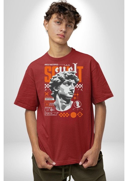 Meleksel Şaheser Yunan Antik Heykel Kadın Erkek Ön Baskılı Kırmızı Pamuklu Tişört Penye Klasik indirimleri