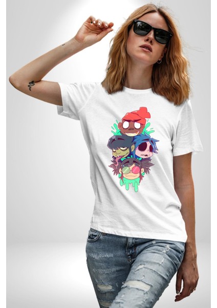 Gorillaz Anime Karakter Kadın Erkek Ön Baskılı Beyaz Pamuklu Tişört Penye Klasik fiyatları