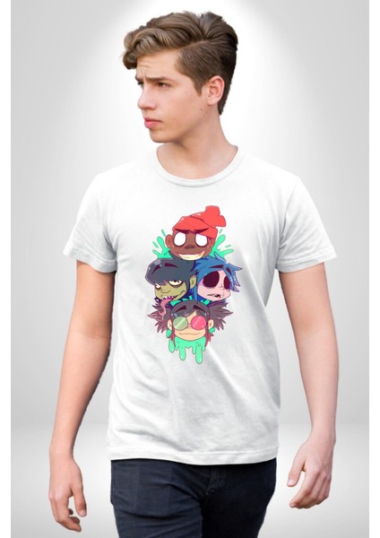 Gorillaz Anime Karakter Kadın Erkek Ön Baskılı Beyaz Pamuklu Tişört Penye Klasik modelleri