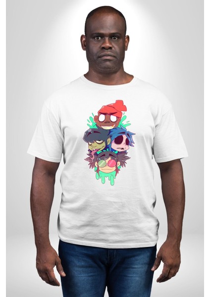 Gorillaz Anime Karakter Kadın Erkek Ön Baskılı Beyaz Pamuklu Tişört Penye Klasik fırsatları