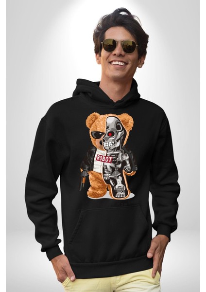 Terminatör Oyuncak Ayı Kadın Erkek Baskılı Üç Iplik Siyah Kapüşonlu Hodie Sweatshirt