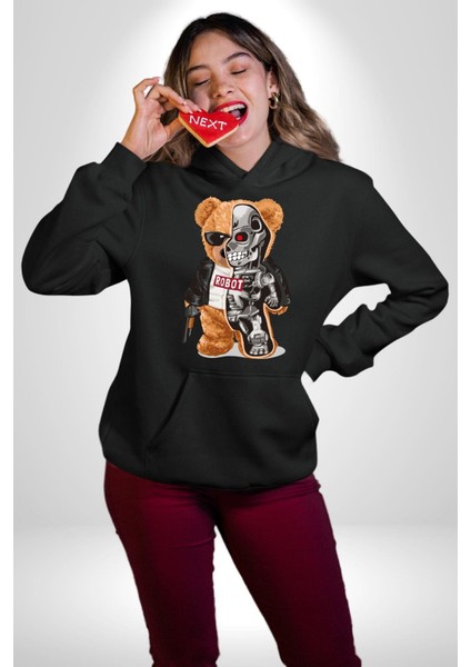 Terminatör Oyuncak Ayı Kadın Erkek Baskılı Üç Iplik Siyah Kapüşonlu Hodie Sweatshirt