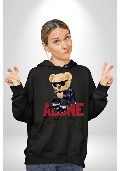 Yalnız ve Havalı Oyuncak Ayı Kadın Erkek Baskılı Üç Iplik Siyah Kapüşonlu Hodie Sweatshirt fiyatları